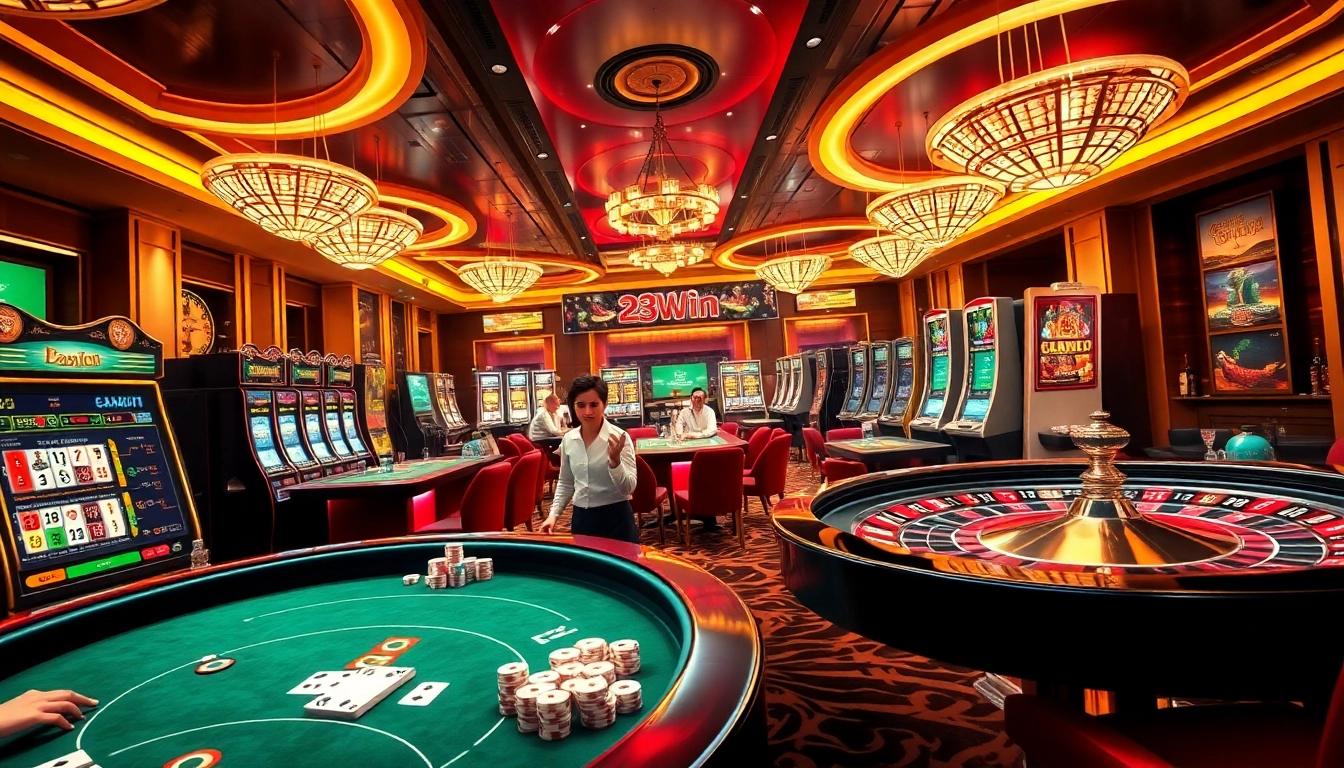 Dynamic casino scene depicting players winning at 23win with poker tables and slot machines.