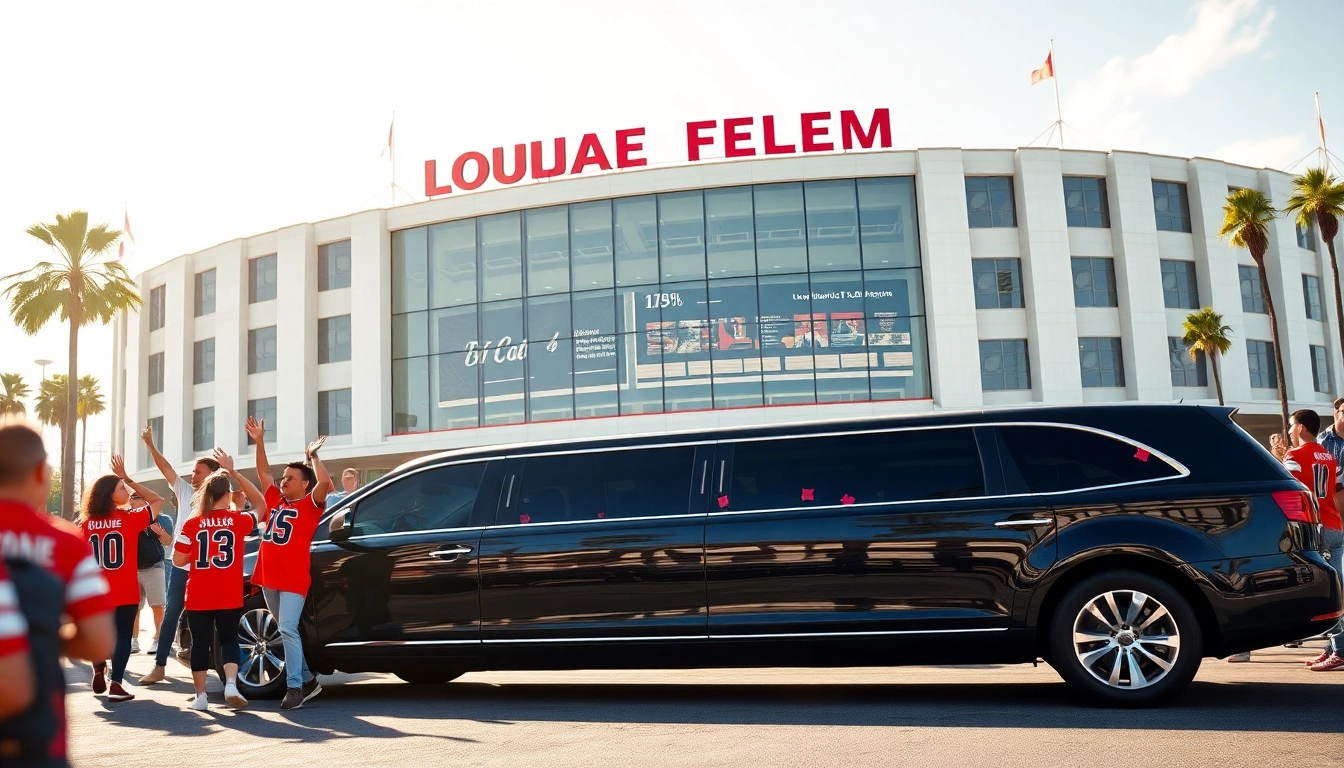 World Cup Group Transportation in a luxurious limousine at an LA stadium, surrounded by excited fans in jerseys.