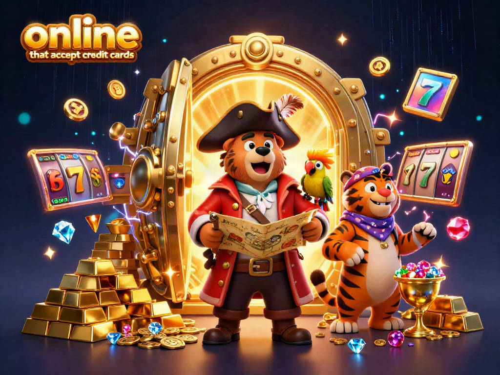 Experience the thrill of online casinos that accept credit cards with this vivid pirate-themed illustration filled with jewels and game elements.