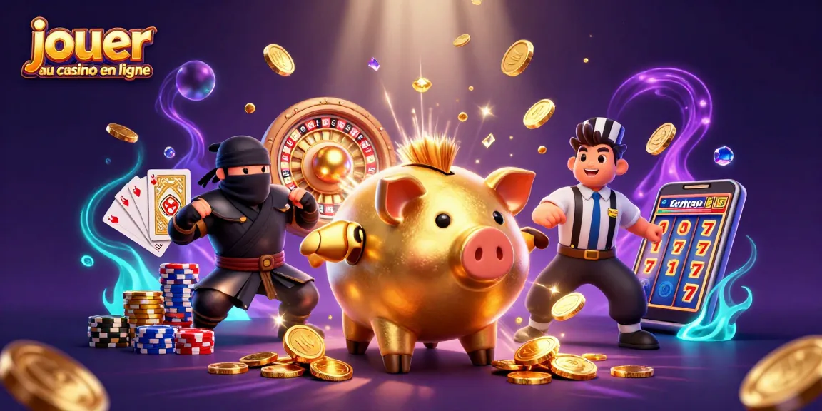 Jouer au casino en ligne avec des personnages colorés en plein action, pièces et jeux éparpillés.