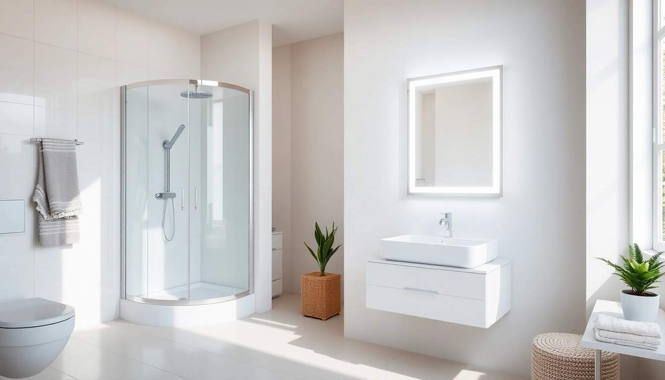 Admire the elegant LED mirror and shower cabin from sirhona France, enhancing modern bathroom aesthetics.