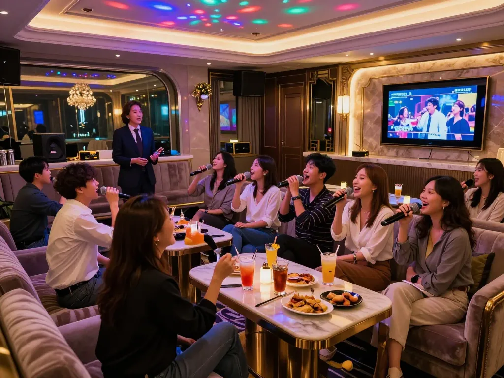Dynamic nightlife at a luxurious karaoke bar showcasing www.gangnamtune.com’s vibrant atmosphere and services.