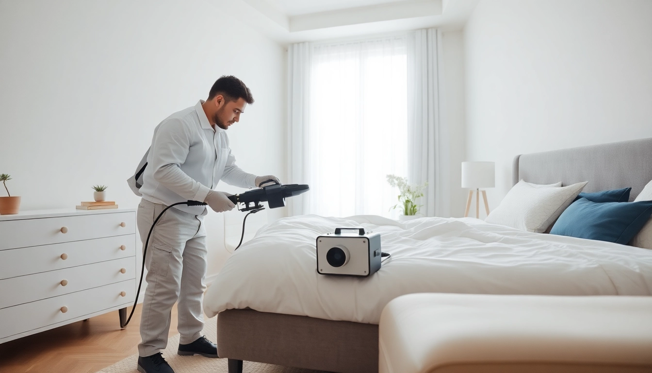 Implementing affordable bed bug treatment with professional techniques in a clean bedroom.