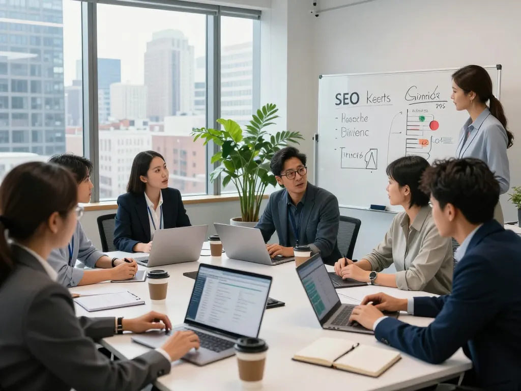 Collaboration among a diverse team in an NYC SEO Company meeting, showcasing strategy discussions.