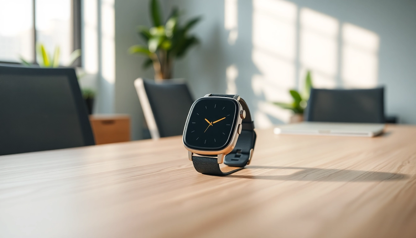 Showcasing a Finesse Smart Watch elegantly placed on a modern desk, highlighting its sleek design.