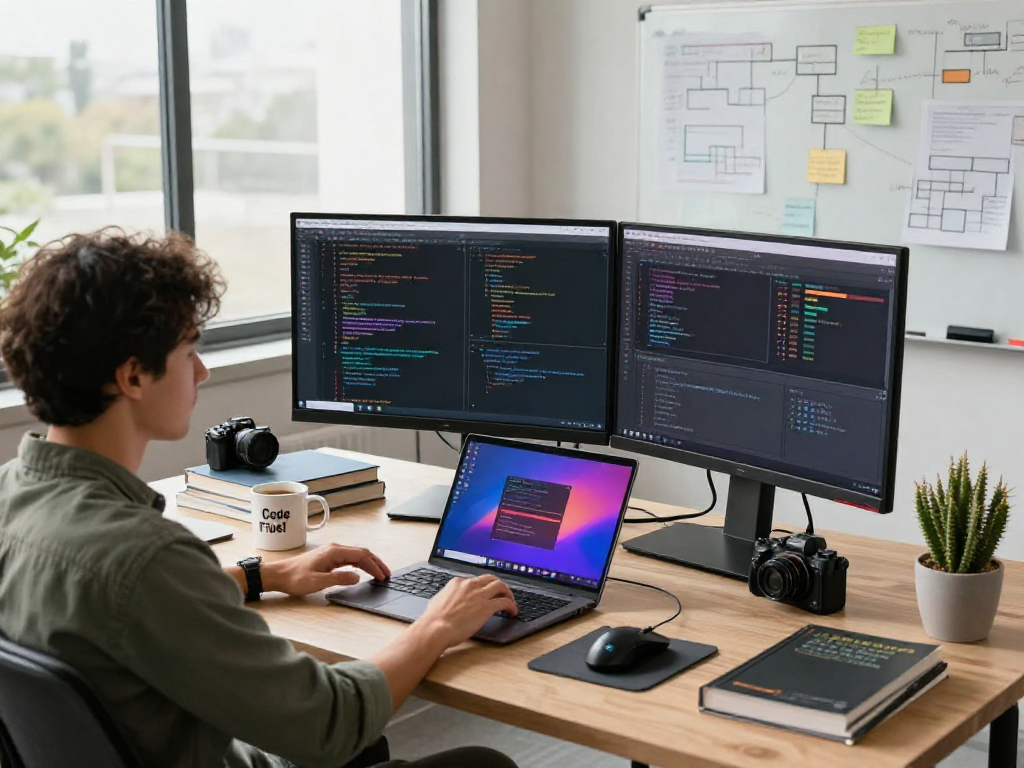 Developer immersed in code at a modern workspace, epitomizing crushon innovation in tech.