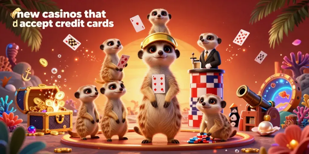 Engage with the lively scene of meerkats running a casino, highlighting new casinos that accept credit cards amid floating playing cards and gold treasures.
