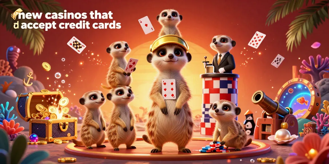 Engage with the lively scene of meerkats running a casino, highlighting new casinos that accept credit cards amid floating playing cards and gold treasures.