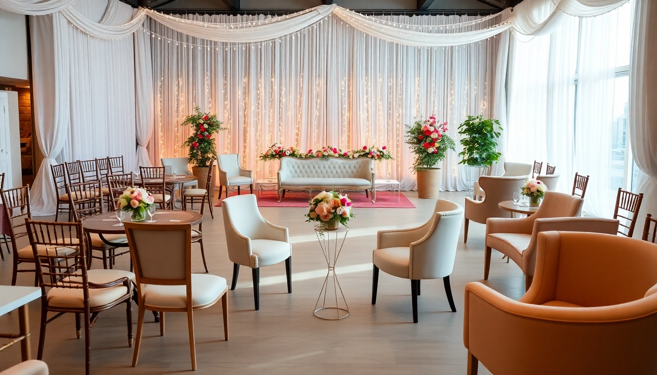 Discover stylish chair rentals in an elegantly decorated event space.