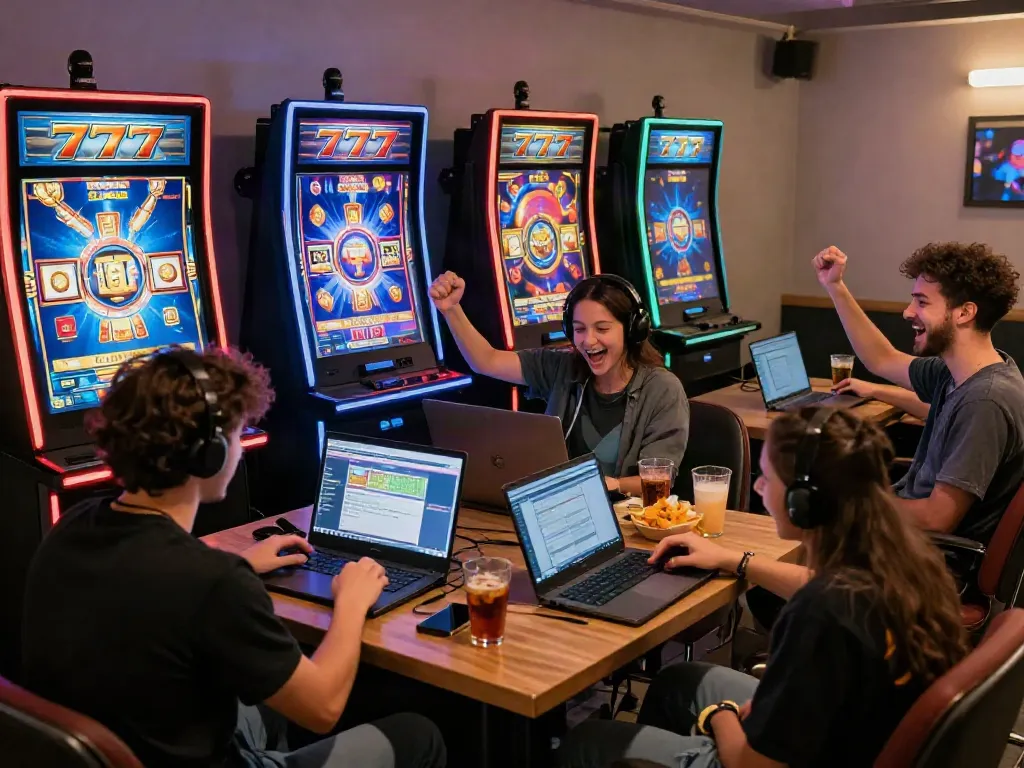 Suasana bermain slot777 dengan pemain yang ceria di ruang gaming yang nyaman.