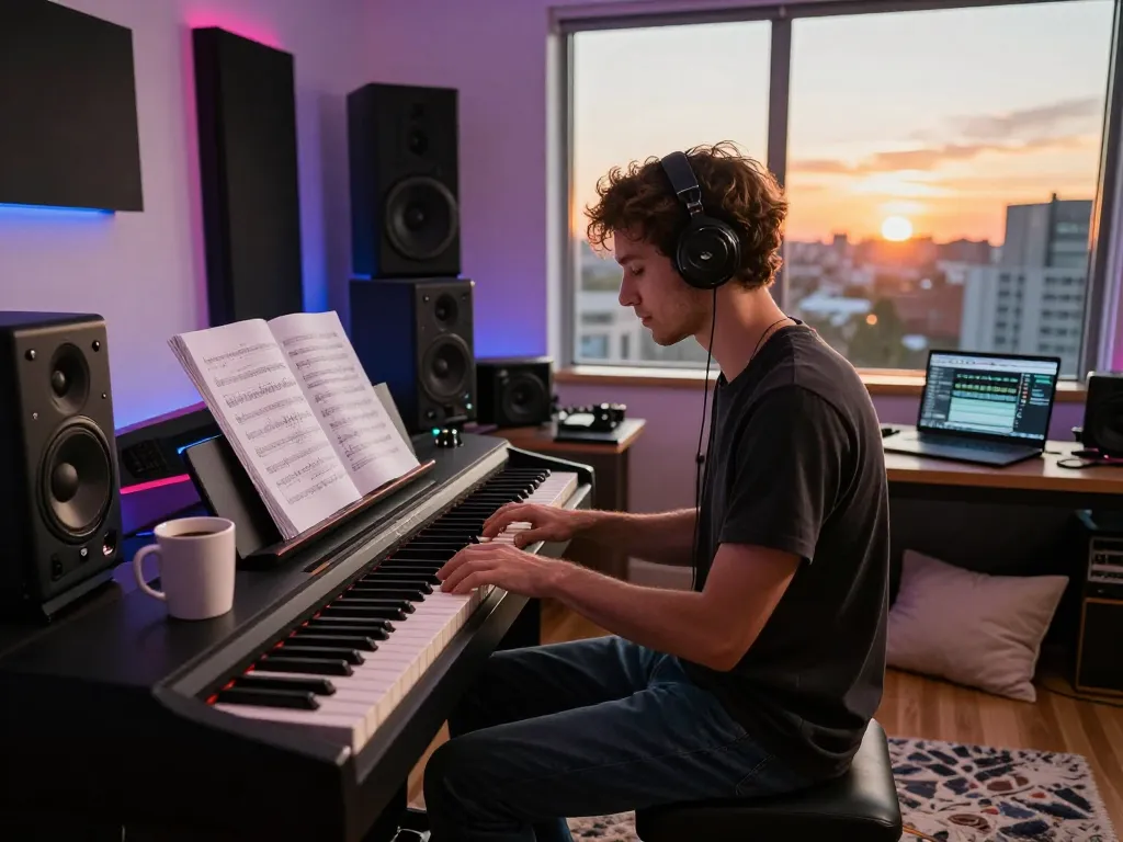 Engaging music session with go 88 digital piano in a cozy home studio.