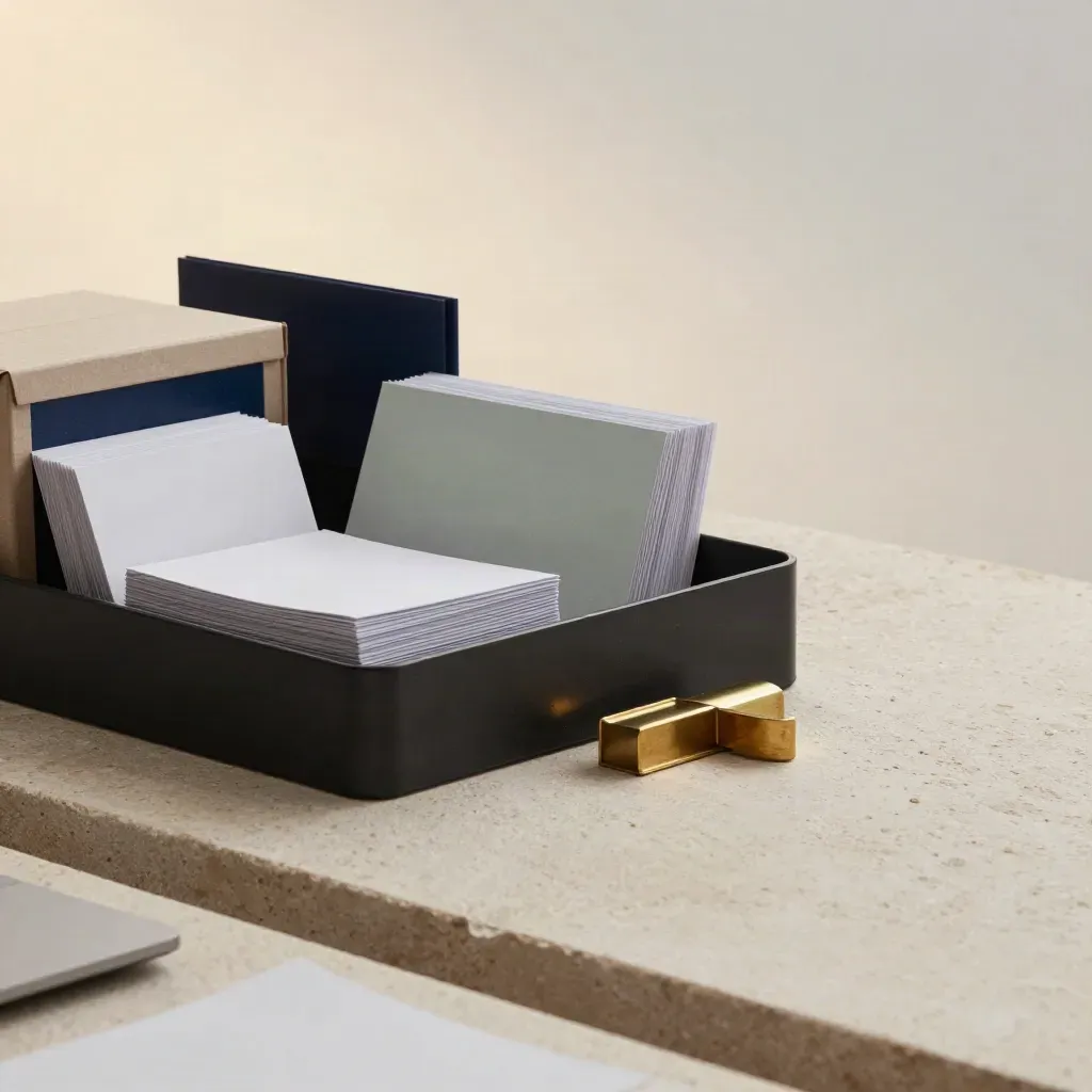 Premium workflow kit on pale stone with inbox tray, cards, sleeves, clips and brass paperweight.