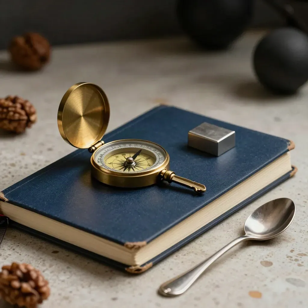 Still life of notebook, brass compass, paper block, and coffee spoon on stone.