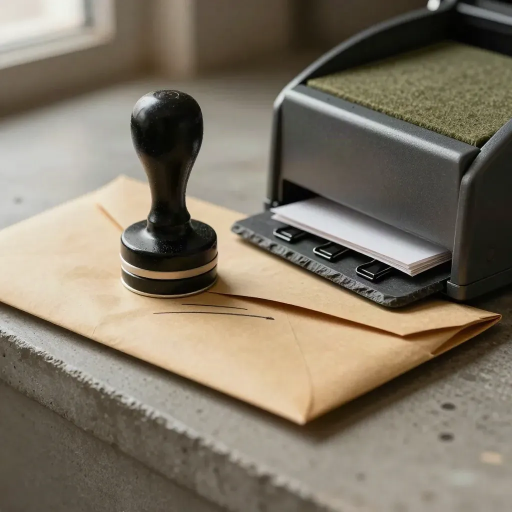 Macro still life of stamp, clips, tray and sealed envelope on a dark work surface.