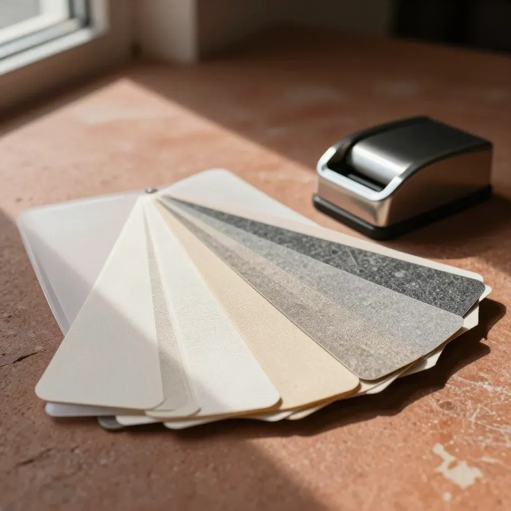 Top-down still life of swatches, archival sleeve, and steel paperweight on terracotta stone.