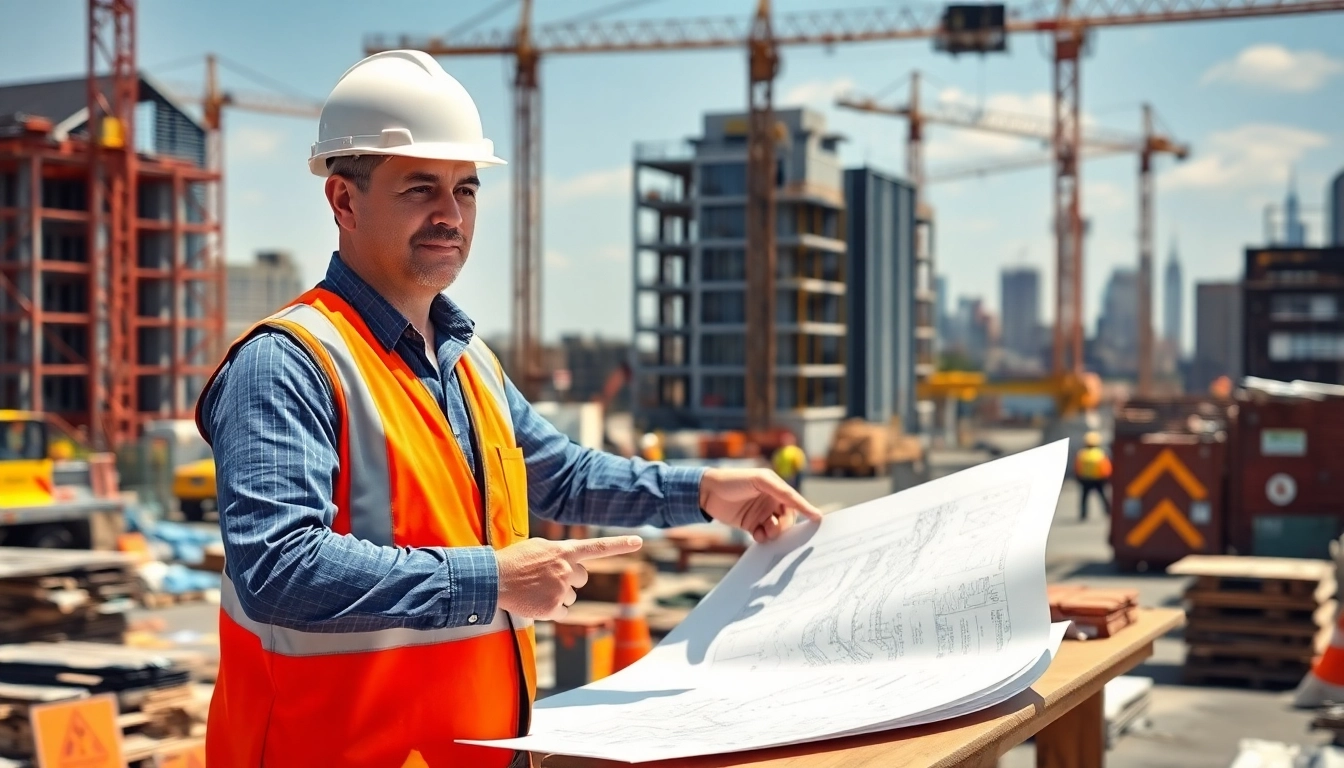 New York Construction Manager guiding a team at a bustling construction site.