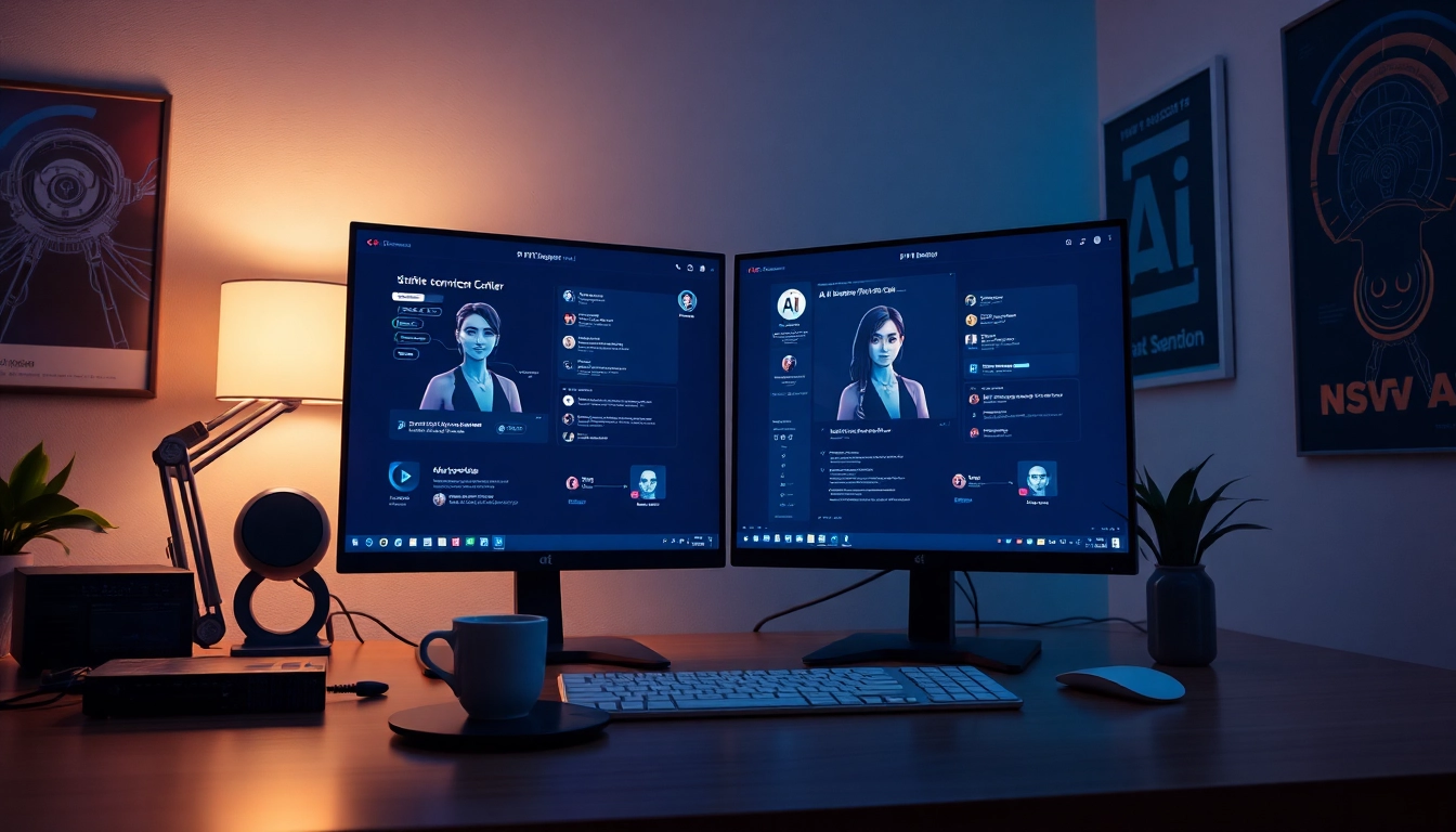 This image illustrates a digital workspace showcasing nsfw ai interactions with AI-generated characters on sleek monitors.