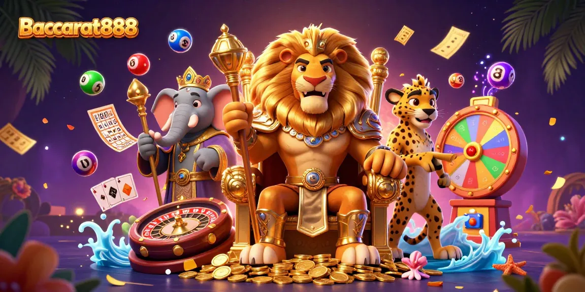 Engage in excitement at Baccarat888 with a fierce lion king and dynamic casino elements.