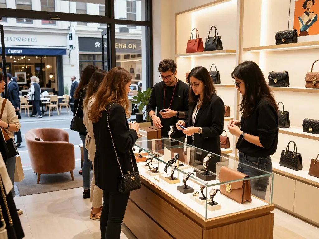 Shoppers exploring luxury 레플리카 쇼핑몰 items in a stylish urban boutique, enhancing e-commerce experience.