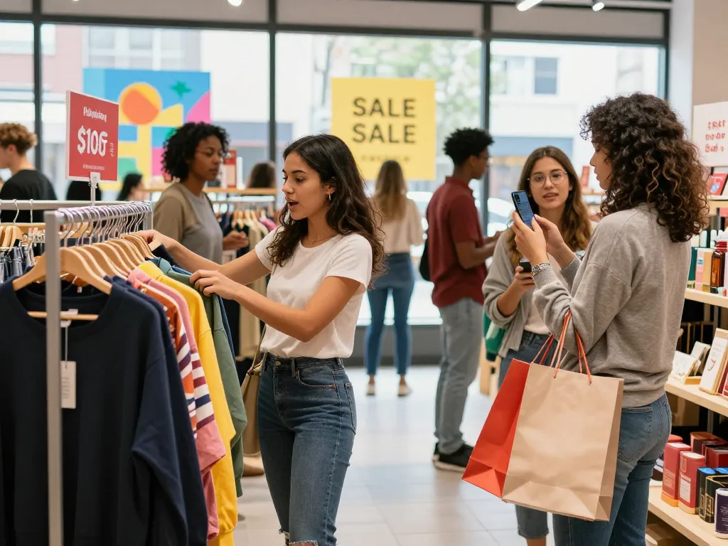 Exciting shopping scene at https://hubet88.icu/ featuring friends enjoying new products and vibrant displays.