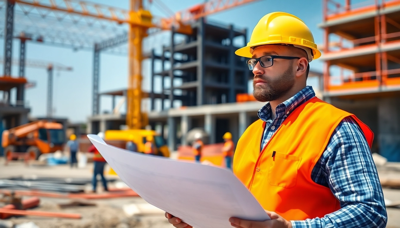 New Jersey Construction Manager supervising a construction site with blueprints, showcasing leadership.