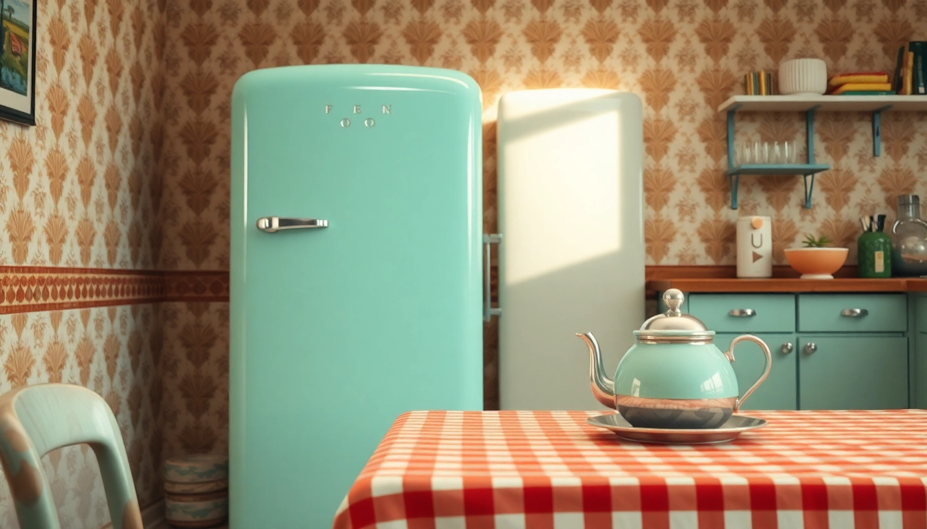 Showcasing a pastel-colored retro appliance in a vintage kitchen with cozy decor.
