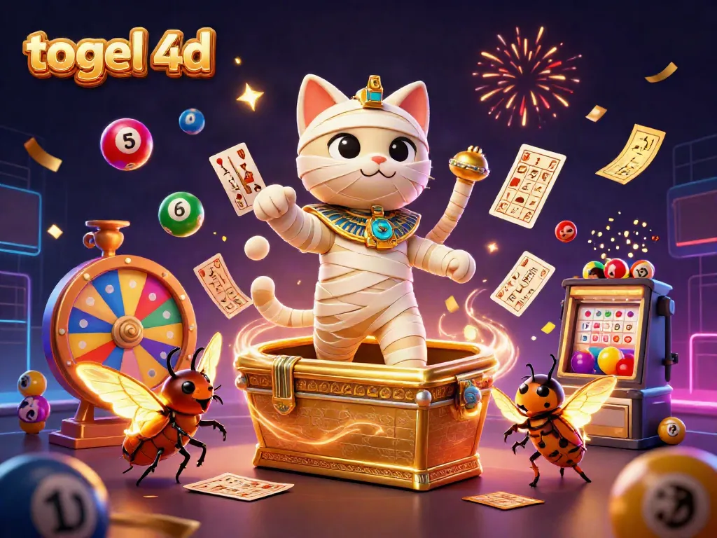 Engage in togel 4d with a vibrant 3D scene featuring a mummy cat and golden elements.