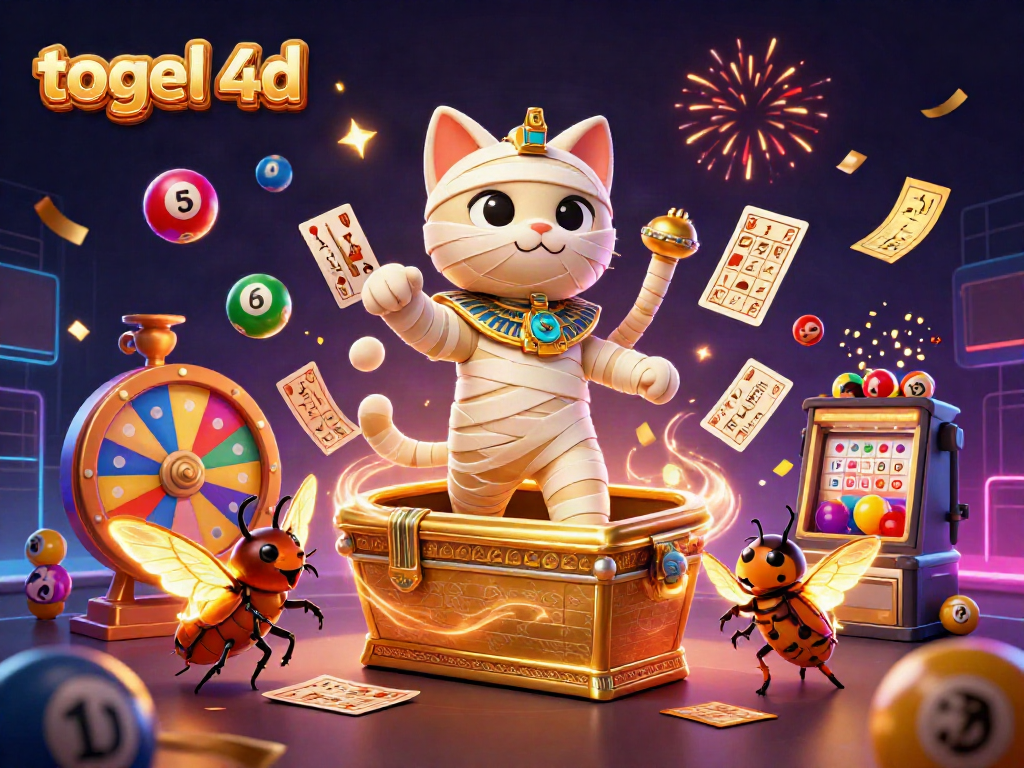 Engage in togel 4d with a vibrant 3D scene featuring a mummy cat and golden elements.