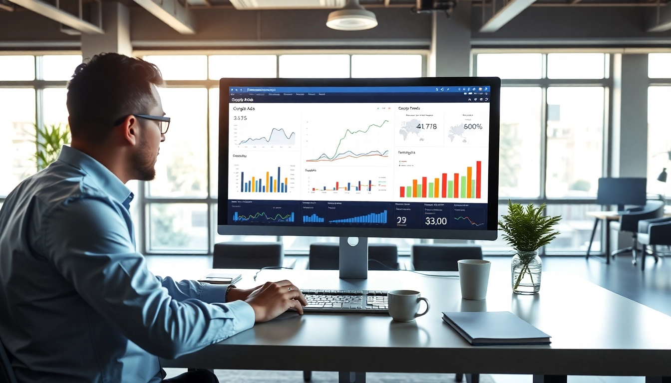 Analyze Google Ads Edmonton performance metrics in a vibrant office space.