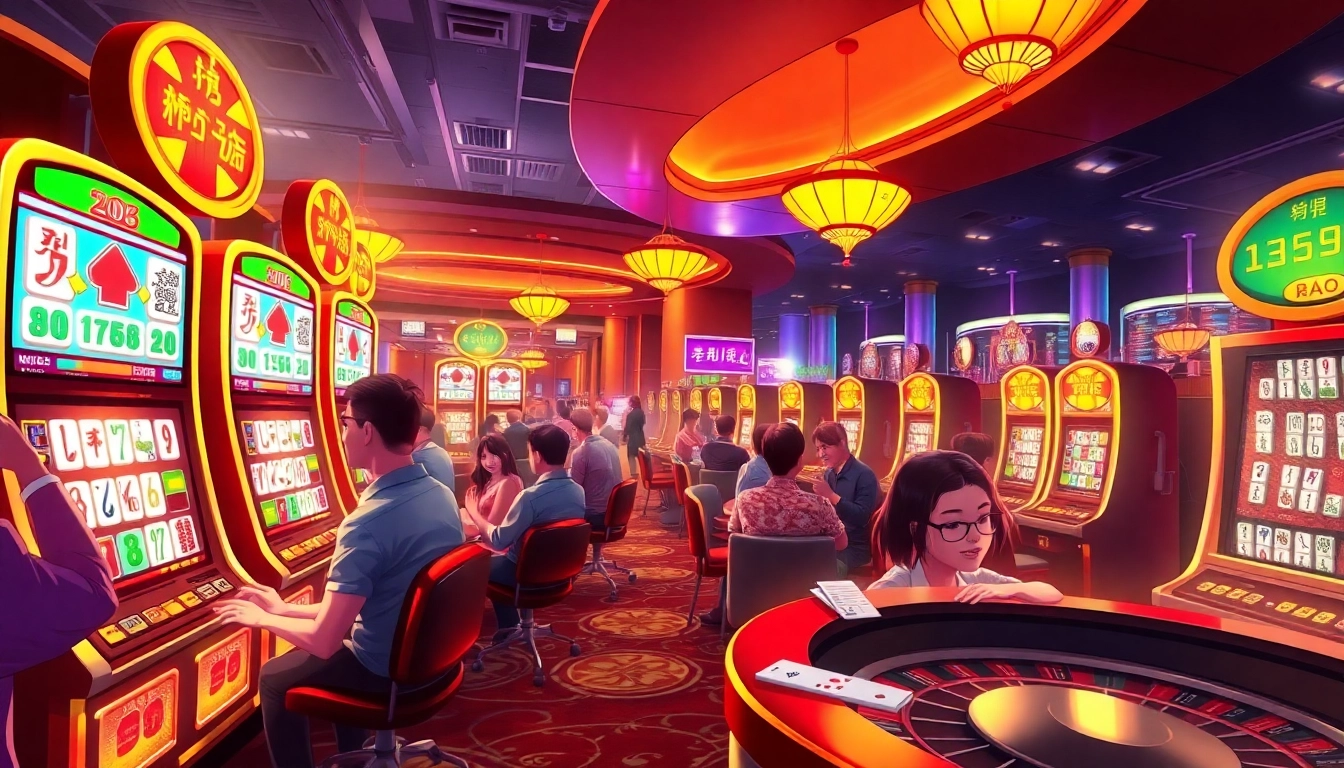Experience the excitement of slot demo mahjong gameplay with colorful machines and lively players at a casino.