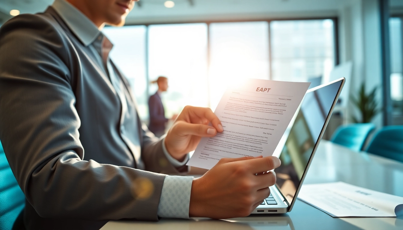 Submitting an eta application uk in a modern office with documents and laptop.