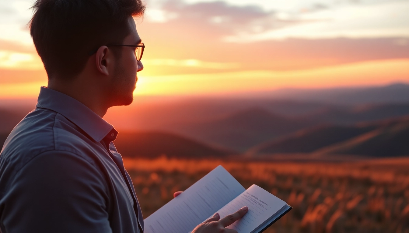 Find my true calling through self-reflection at sunrise in a serene landscape.