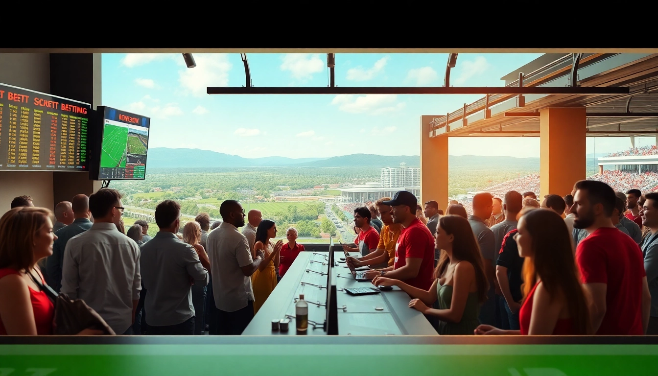 Exciting atmosphere of sports betting sites South Carolina with diverse bettors and digital boards.