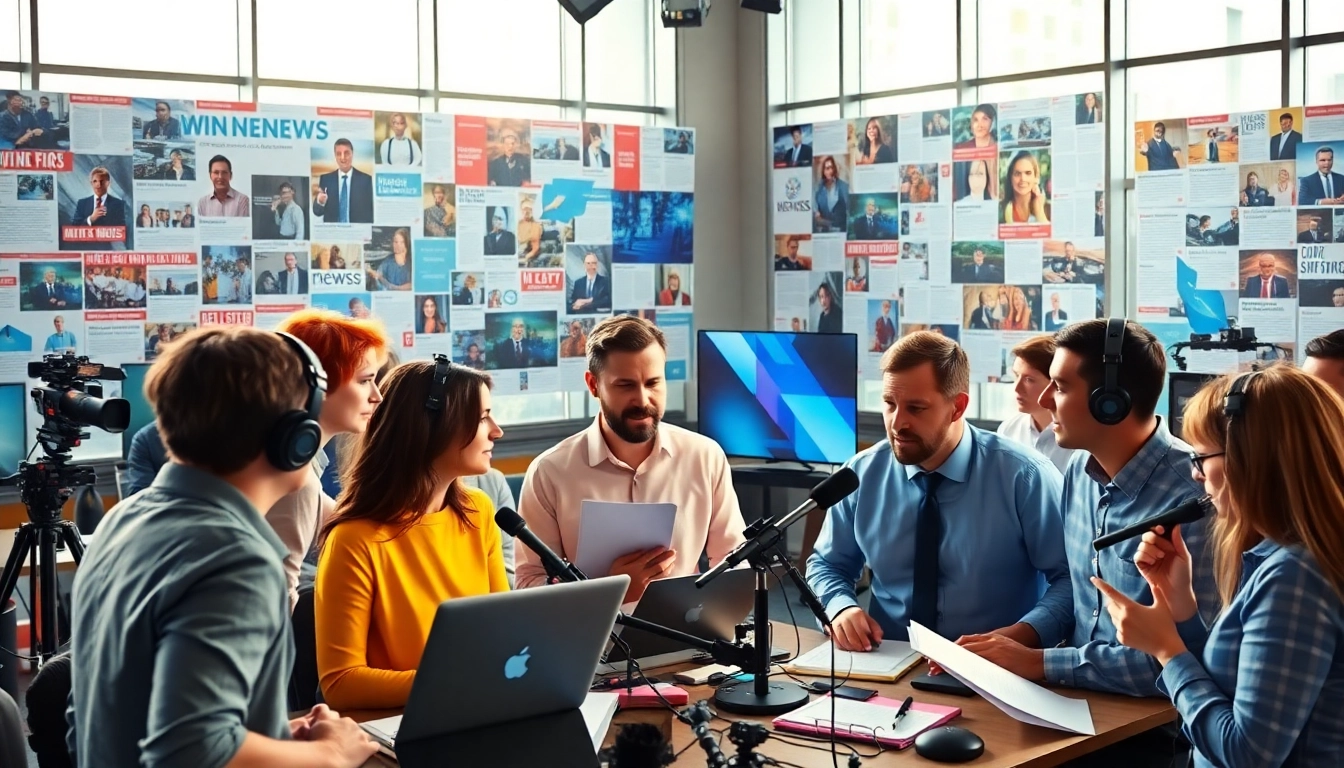 Reporters delivering the latest news in a vibrant newsroom, engaging in dynamic discussions.