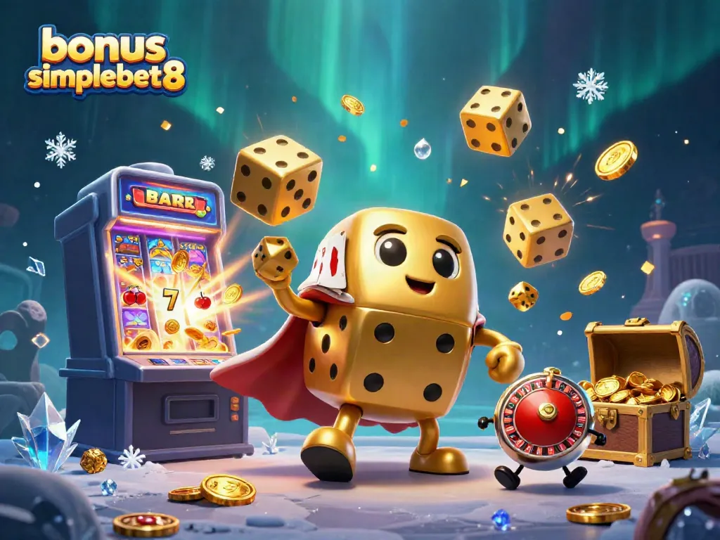 Experience the excitement with the bonus simplebet8 illustrated by a golden dice golem and a jackpot explosion.