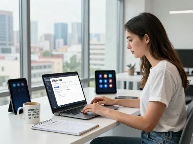 Young woman optimizing PC performance with Wisecare software on laptop in modern office.