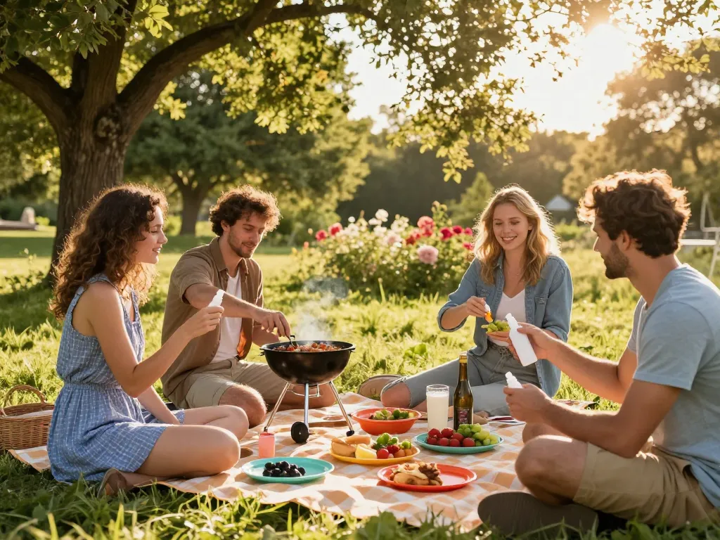 Friends enjoying a picnic while applying mosquito repellent to prevent bites.
