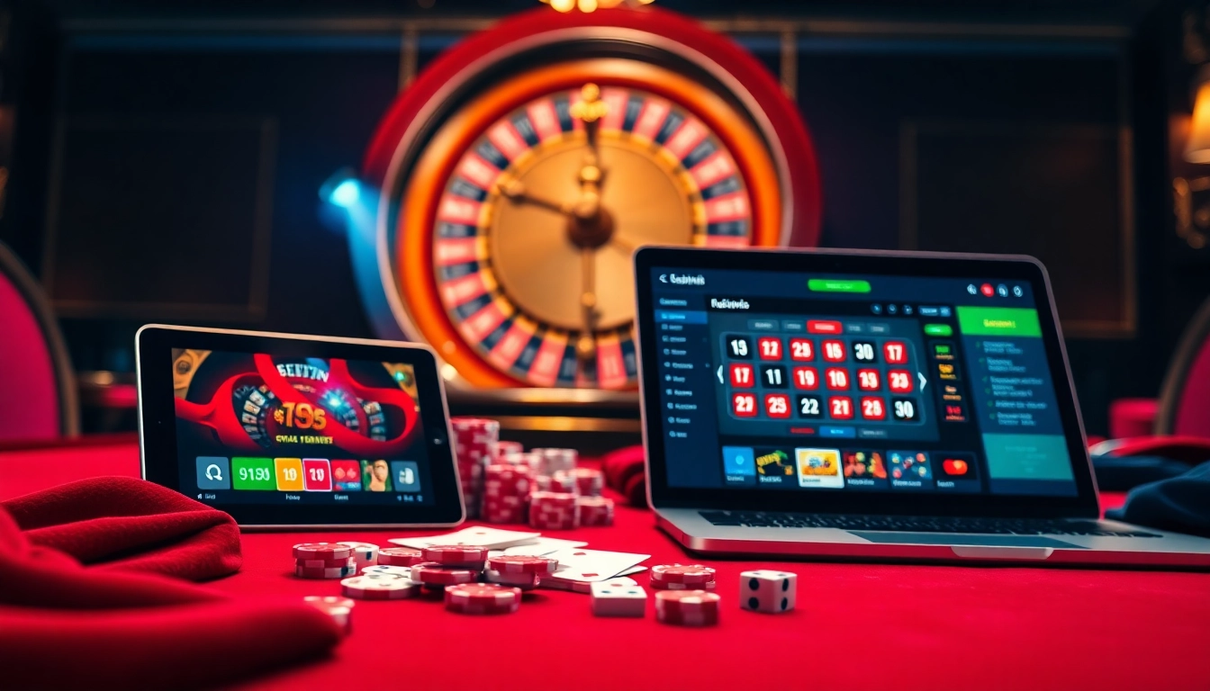 Scène captivante mettant en avant les activités de jeu en ligne au casino en ligne Français avec des jetons de poker et des cartes colorés.