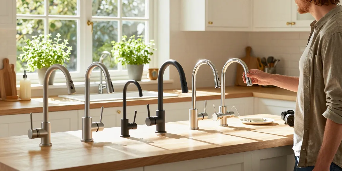 Explore a selection of kitchen faucets in a modern home kitchen setup, highlighting functional and stylish designs.