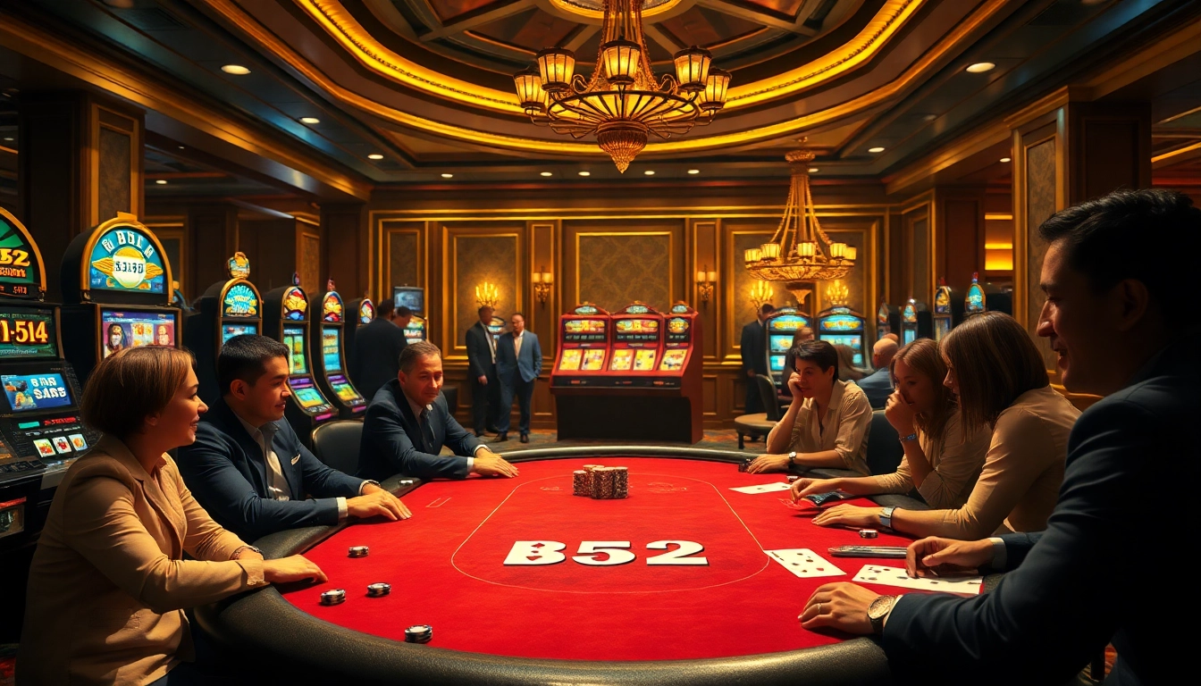 Engaged players compete in a b52-themed high-stakes poker game, surrounded by vibrant casino decor.