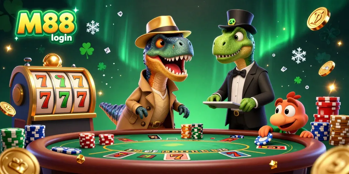M88 login showcases a cartoon velociraptor blending in at a blackjack table amid dynamic casino elements.