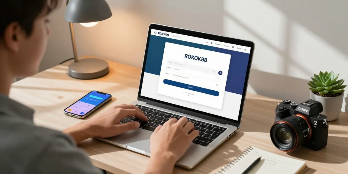 Secure rokok88 login interface on a sleek laptop in a modern workspace.