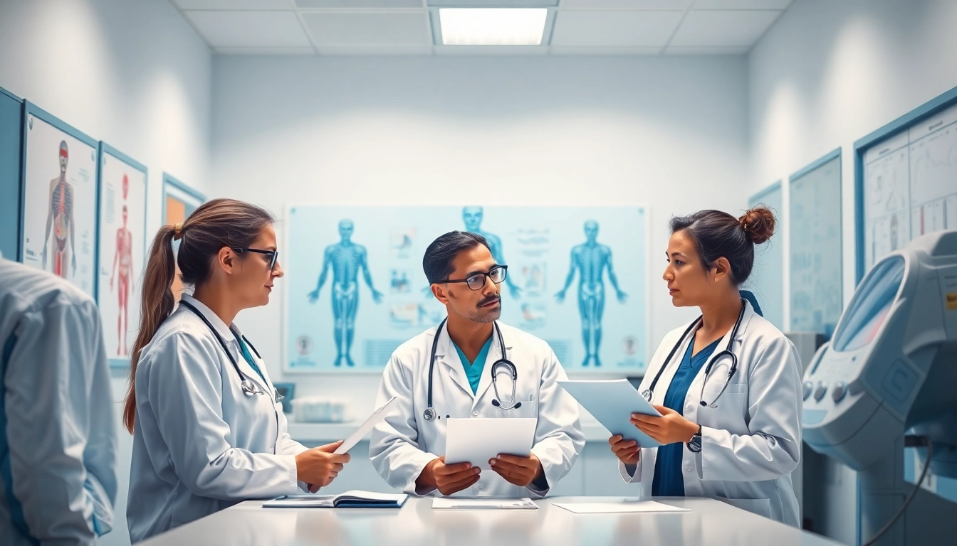 Healthcare professionals engaging in a discussion about Health in a modern clinic environment.