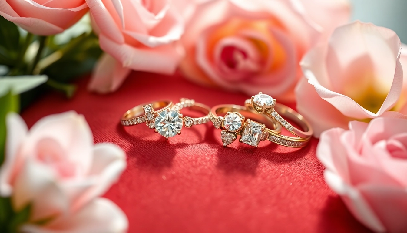 Admire exquisite wedding rings featuring stunning designs and sparkling gems displayed beautifully.