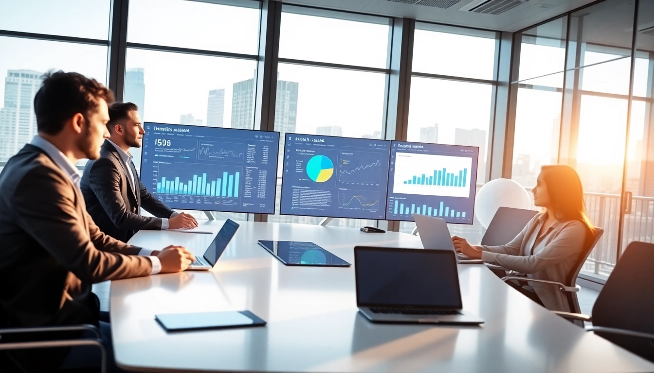Showcase of an enterprise assistant platform in a collaborative office environment with professionals interacting.