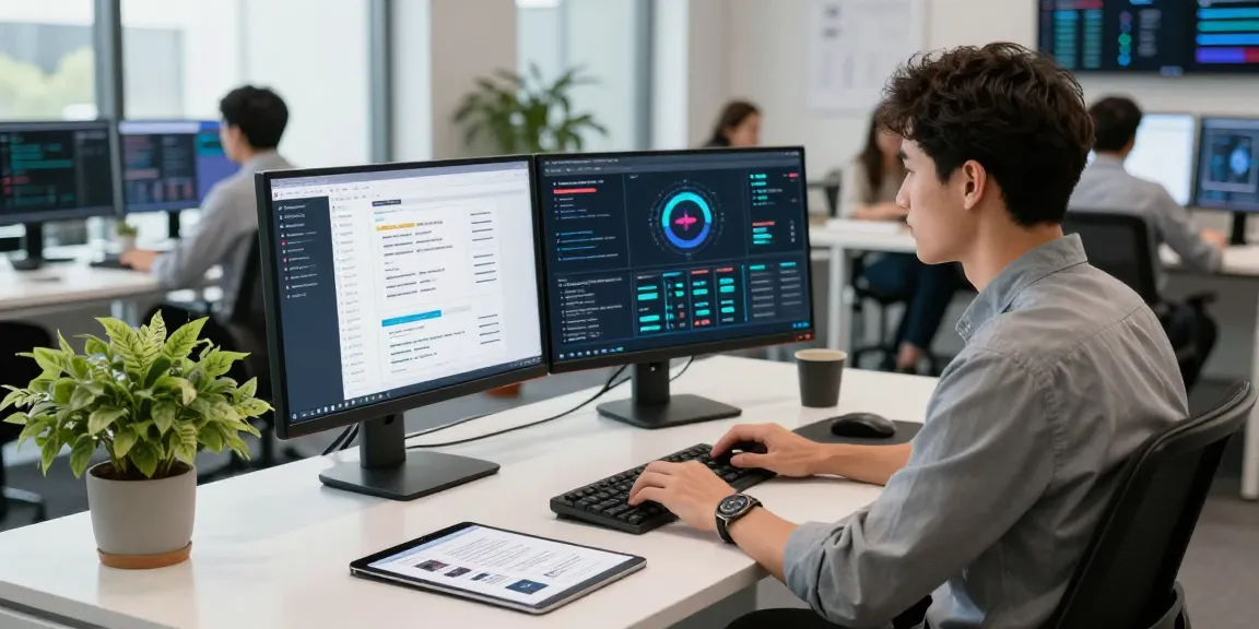 Efficient workspace featuring an ai image detector professional analyzing content moderation data on dual monitors.