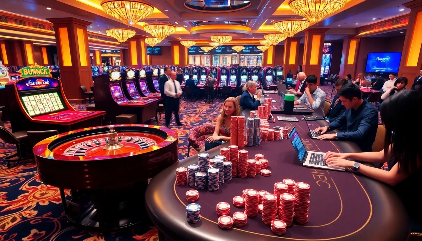 Experience the excitement of situs seven77 at a vibrant casino with roulette wheels and poker tables.