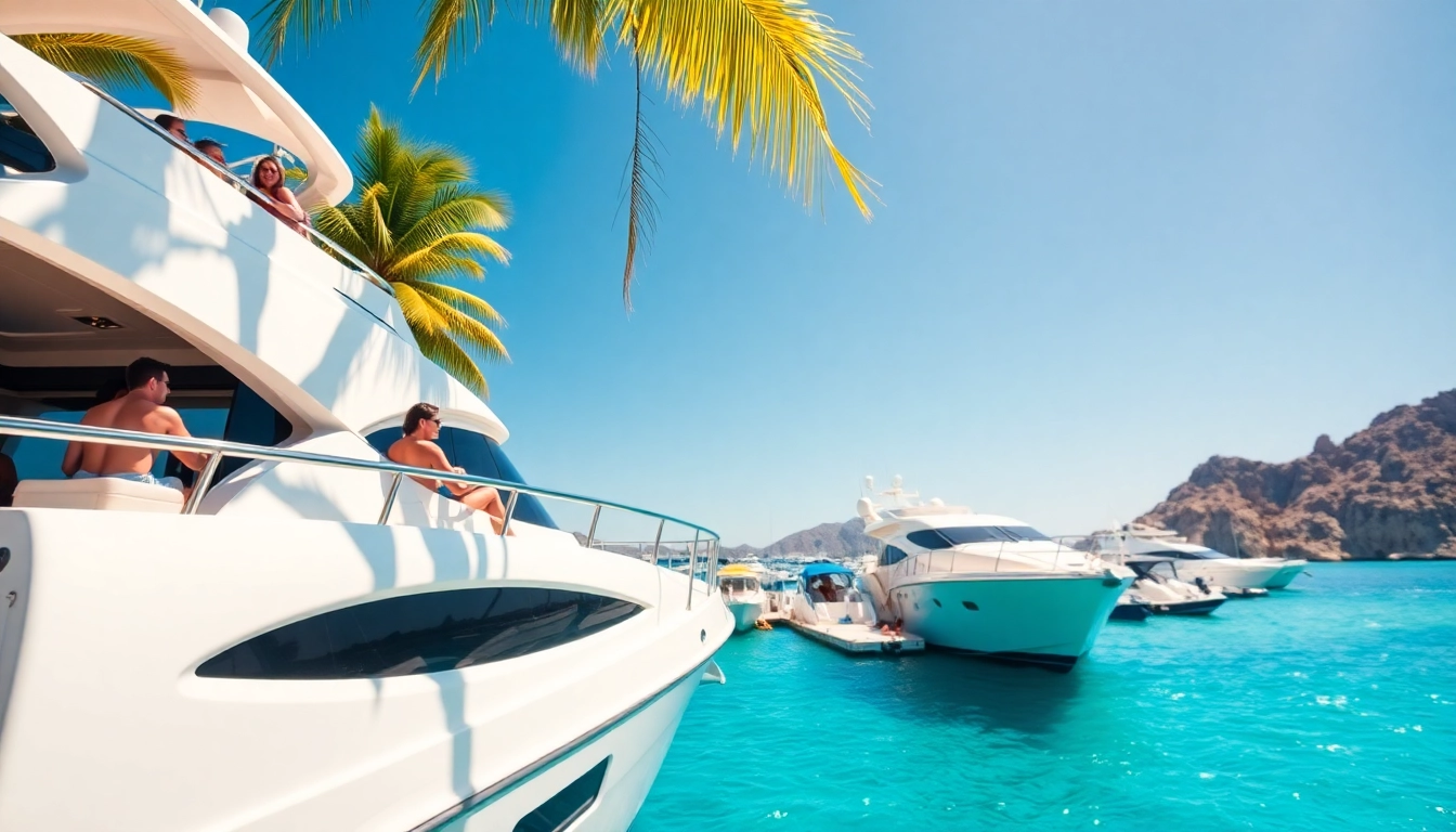 Experience Yacht rental Cabo prices with luxurious yachts at a sunlit marina in Cabo San Lucas.