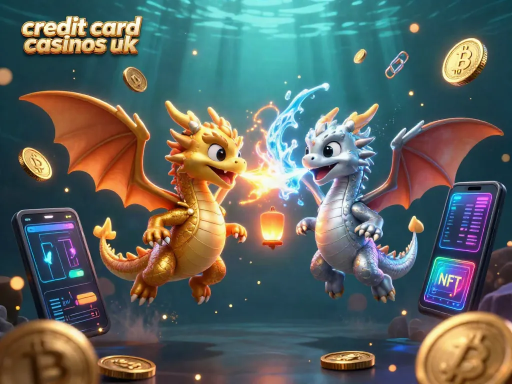 Experience the excitement of credit card casinos UK with vibrant dragons and crypto elements.
