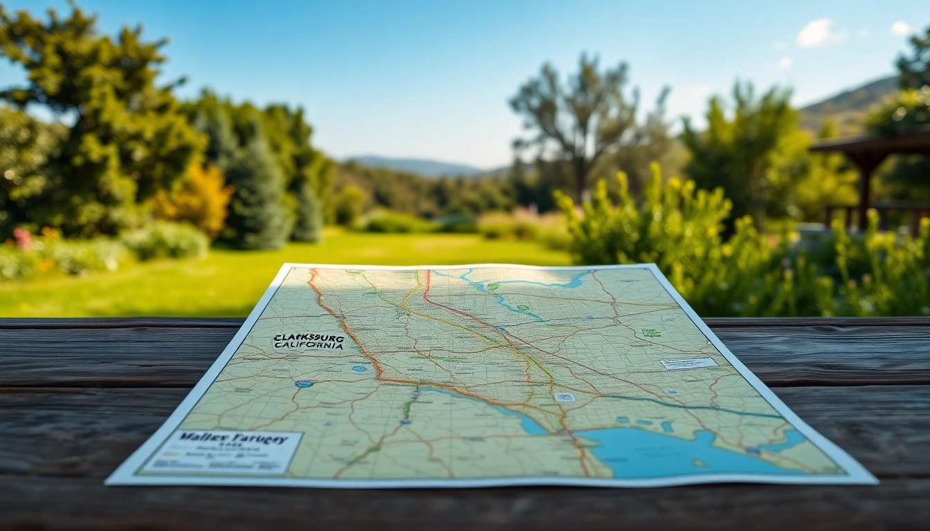 View the clarksburg california map displayed on a wooden table amidst a scenic outdoor background.